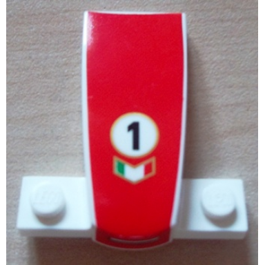 white wedge 4 x 2 x 1 1 3 with 1 x 4 base with open mouth and number 1 on red background pattern cars francesco bernoulli