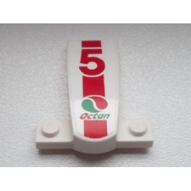 white wedge 4 x 2 x 1 1 3 with 1 x 4 base with red number 5 and octan logo on red stripe pattern sticker - set 60025