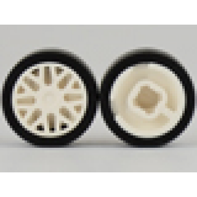 white wheel 11mm d x 6mm with 8 y spokes with black tire 14mm d x 6mm solid smooth 93595 50945