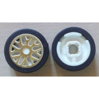 white wheel 11mm d x 6mm with 8 y spokes with gold outline pattern with black tire 14mm d x 6mm solid smooth 93595pb01 50945