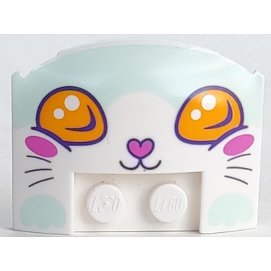 white wedge 3 x 4 x 2 3 triple curved with cat face bright light orange eyes dark pink nose and ovals on cheeks light aqua forehead and paws pattern