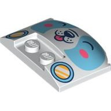 white wedge 3 x 4 x 2 3 triple curved with medium azure puppy face with dark blue nose coral cheeks and tongue and car headlights pattern