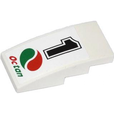 white slope curved 4 x 2 with black number 1 and octan logo pattern sticker - set 60053