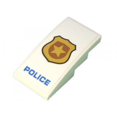 white slope curved 4 x 2 with black outlined gold badge and blue police pattern sticker - set 60239