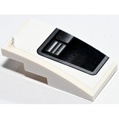 white slope curved 4 x 2 with black and silver trapezoid rear window and air vent pattern model left side sticker - set 75888