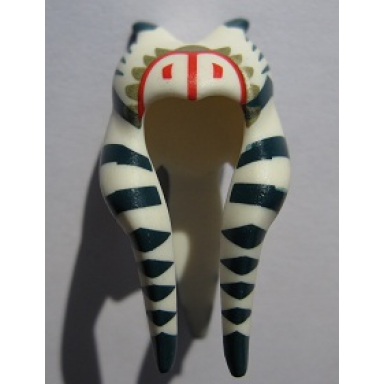 white minifigure headgear headdress sw togruta montrals long with dark blue stripes olive green and red markings pattern shaak ti