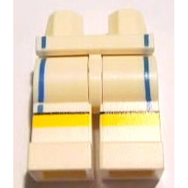 white hips and legs with yellow stripe and blue vertical lines pattern