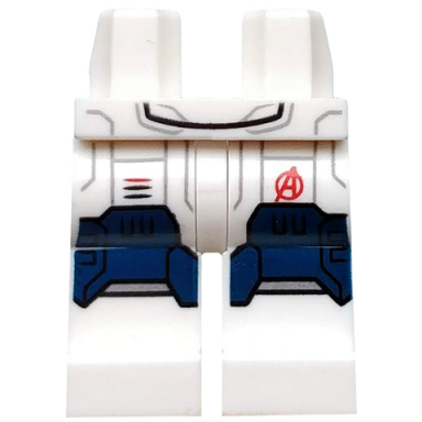 white hips and legs with dark blue knee plates and red avengers logo pattern iron legion