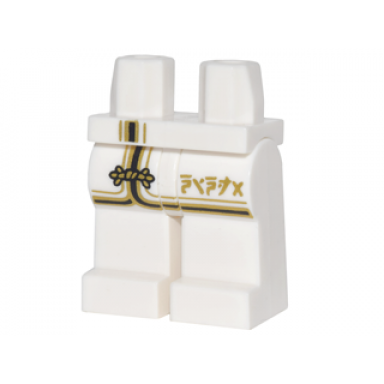 white hips and legs with robe tails with black and gold trim gold clasp and ninjago logogram ninja pattern