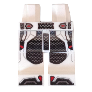 white hips and legs with black armor with silver dots and red trim pattern