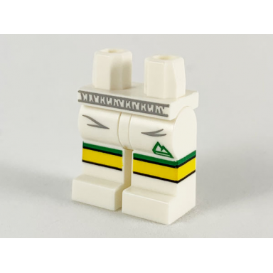white hips and legs with light bluish gray gathers green sports logo and stripe yellow knees and white shoes pattern