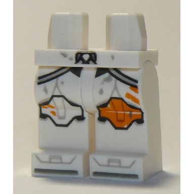 white hips and legs with sw clone trooper and orange left knee pad two stripes and light bluish gray diagonal belts pattern