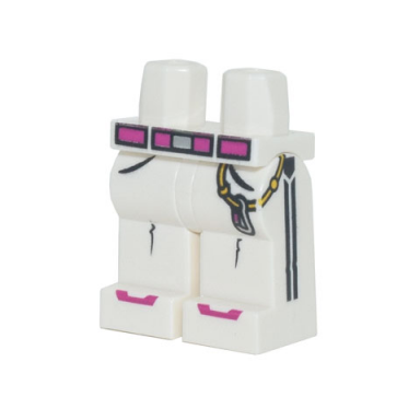 white hips and legs wtih dark pink belt and shoe tops strap with carabiner and black stripes on sides pattern