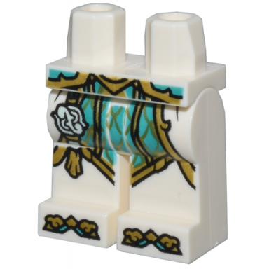 white hips and legs with robe ends over dark turquoise robe with gold trim tassle and boot tips pattern