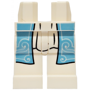 white hips and legs with medium blue robe ends with swirls black outline and pleat lines pattern
