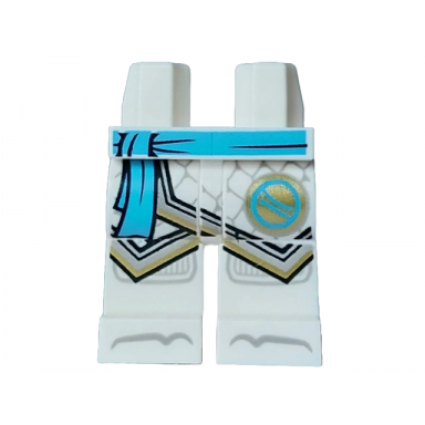 white hips and legs with medium azure sash ninjago logogram letter z in circle light bluish gray robe ends with gold trim knee pads and toes pattern