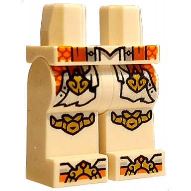 white hips and legs with dark orange belt ends orange and silver armor gold tassels knee pads and boot tips pattern