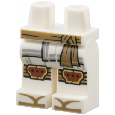 white hips and legs with dark tan sash knee wrappings and sandals robe ends with light bluish gray hems reddish brown kneepads gold trim pattern