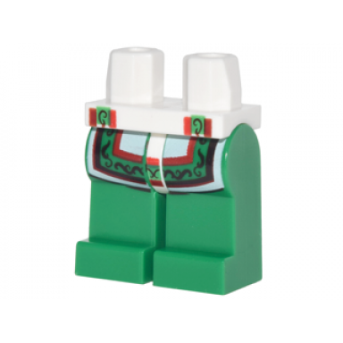 white hips and green legs with white robe tails with ornate red and green trim pattern