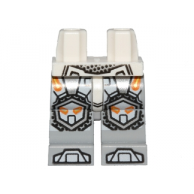 white hips and light bluish gray legs with orange and gold circuitry and silver and white armor knee pads and boots pattern