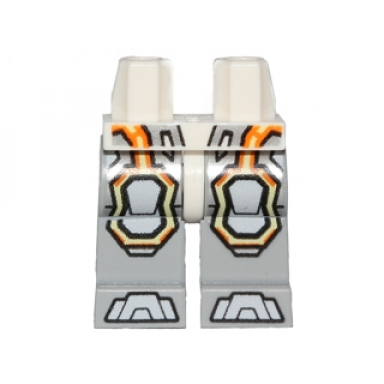 white hips and light bluish gray legs with gray armor and orange and yellow circuitry gray hexagonal knee pads and gray boots pattern