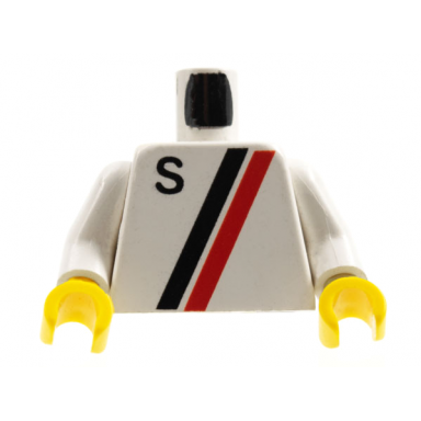 white torso town with letter s and black and red stripes pattern white arms yellow hands