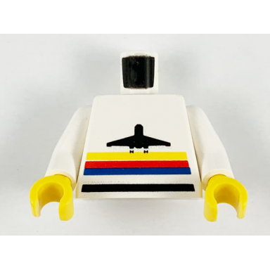 white torso airplane logo with stripes pattern white arms yellow hands