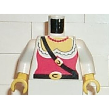 white torso female pirate ruffled shirt under red corset black belts with buckles bead necklace yellow chest pattern white arms yellow hands