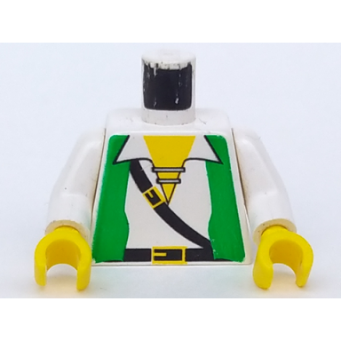 white torso pirate green vest open over shirt with laces black belts with buckles yellow neck pattern white arms yellow hands