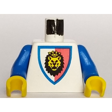 white torso castle royal knights lion head on red white shield pattern blue arms yellow hands