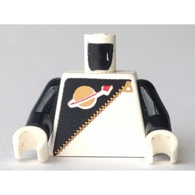white torso futuron uniform with black panel gold zipper and classic space logo pattern black arms white hands