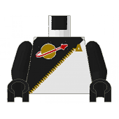 white torso futuron uniform with black panel gold zipper and classic space logo pattern black arms black hands