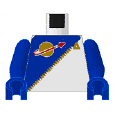 white torso futuron uniform with blue panel gold zipper and classic space logo pattern blue arms blue hands