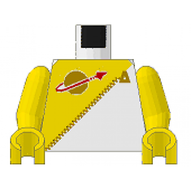 white torso futuron uniform with yellow panel gold zipper and classic space logo pattern yellow arms yellow hands