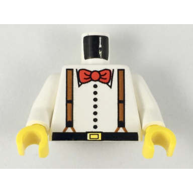 white torso shirt with buttons black belt with yellow buckle brown suspenders red bow tie pattern white arms yellow hands