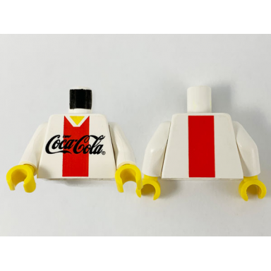 white torso coca-cola logo with v-neck shirt and red stripe pattern white arms yellow hands