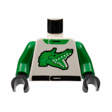 white torso racers racing suit with green alligator crocodile and collar black belt pattern green arms black hands