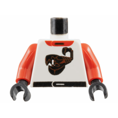 white torso racing suit with red collar black belt and scorpion pattern red arms black hands