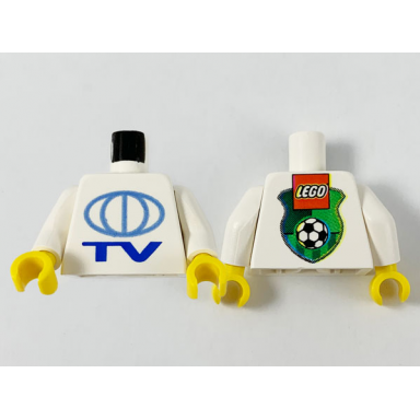 white torso tv globe big pattern - lego soccer logo on back white arms yellow hands