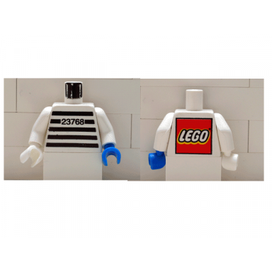 white torso jail stripes with number 23768 pattern - lego logo on back white arms white hand right blue hand left