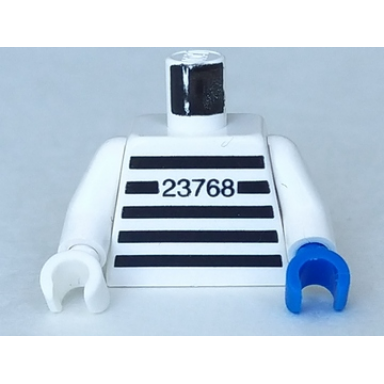 white torso jail stripes with number 23768 pattern white arms white hand right blue hand left