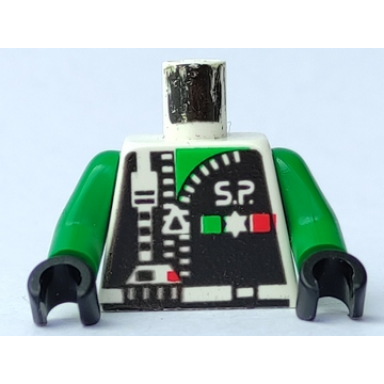 white torso space police with zipper and star pattern green arms black hands