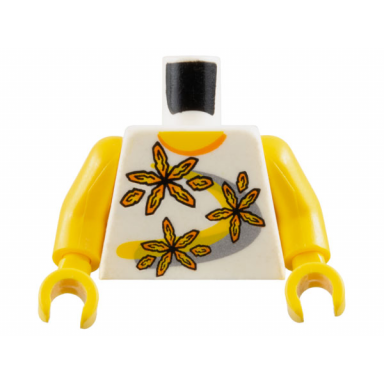 white torso shirt with orange collar and 3 flowers over yellow and silver curved stripes pattern yellow arms yellow hands