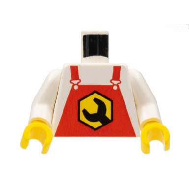 white torso overalls red with black wrench head in yellow hexagon pattern white arms yellow hands