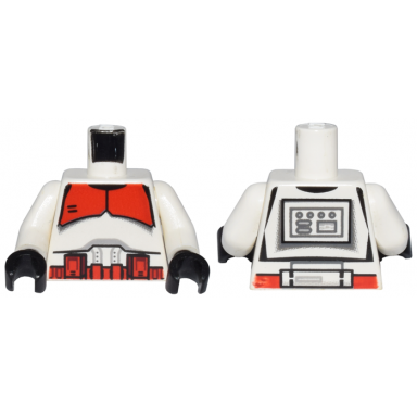 white torso sw armor clone trooper with red breastplate and belt with boxes pattern white arms black hands