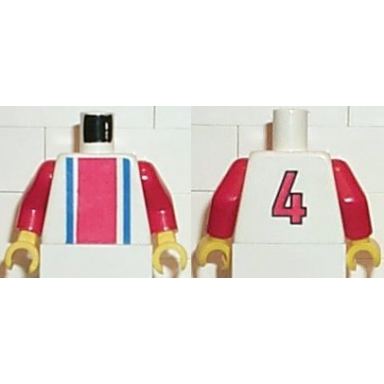 white torso soccer vertical red and blue stripes and number 4 on back pattern red arms yellow hands