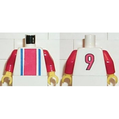 white torso soccer vertical red and blue stripes and number 9 on back pattern red arms yellow hands