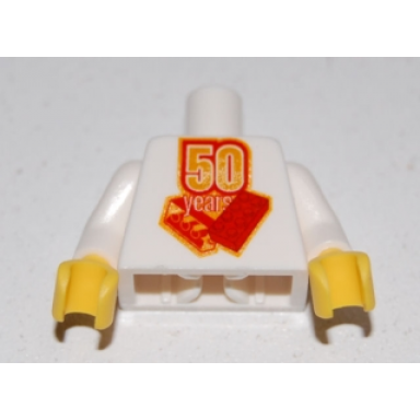 white torso lego 50 year anniversary logo pattern white arms yellow hands