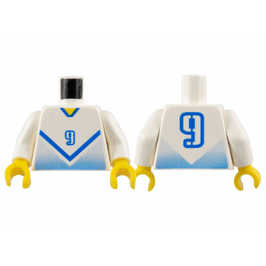 white torso soccer jersey shirt with blue chevron and number 9 yellow neck pattern white arms yellow hands
