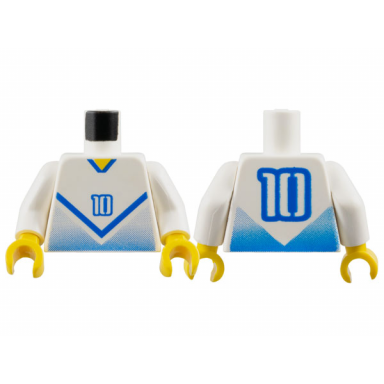 white torso soccer jersey shirt with blue chevron and number 10 yellow neck pattern white arms yellow hands